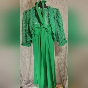 Elegant Green Halter Dress with Lace Shrug Kimono NWOT